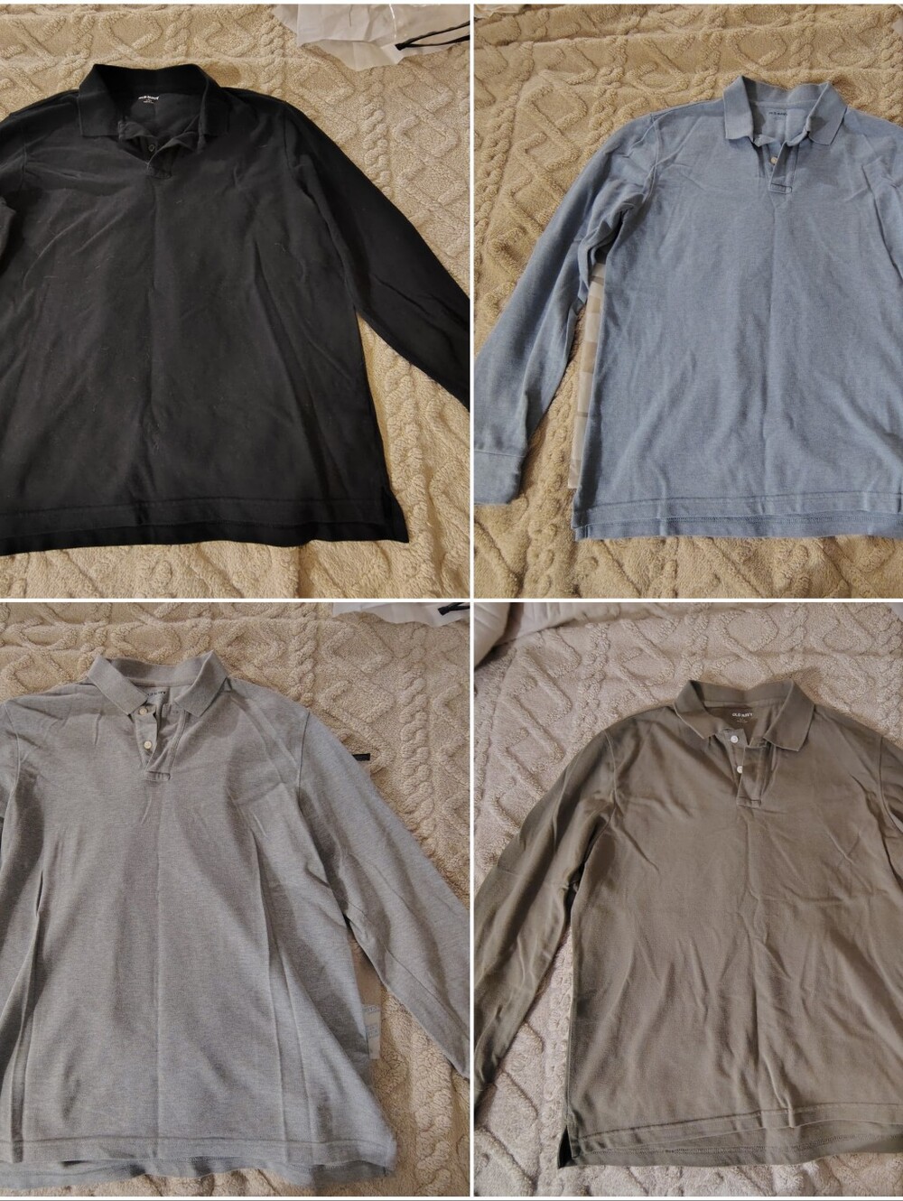 Lot of 4 Old Navy Long-Sleeve Polo Shirts in Black, Light Blue, Gray, Olive